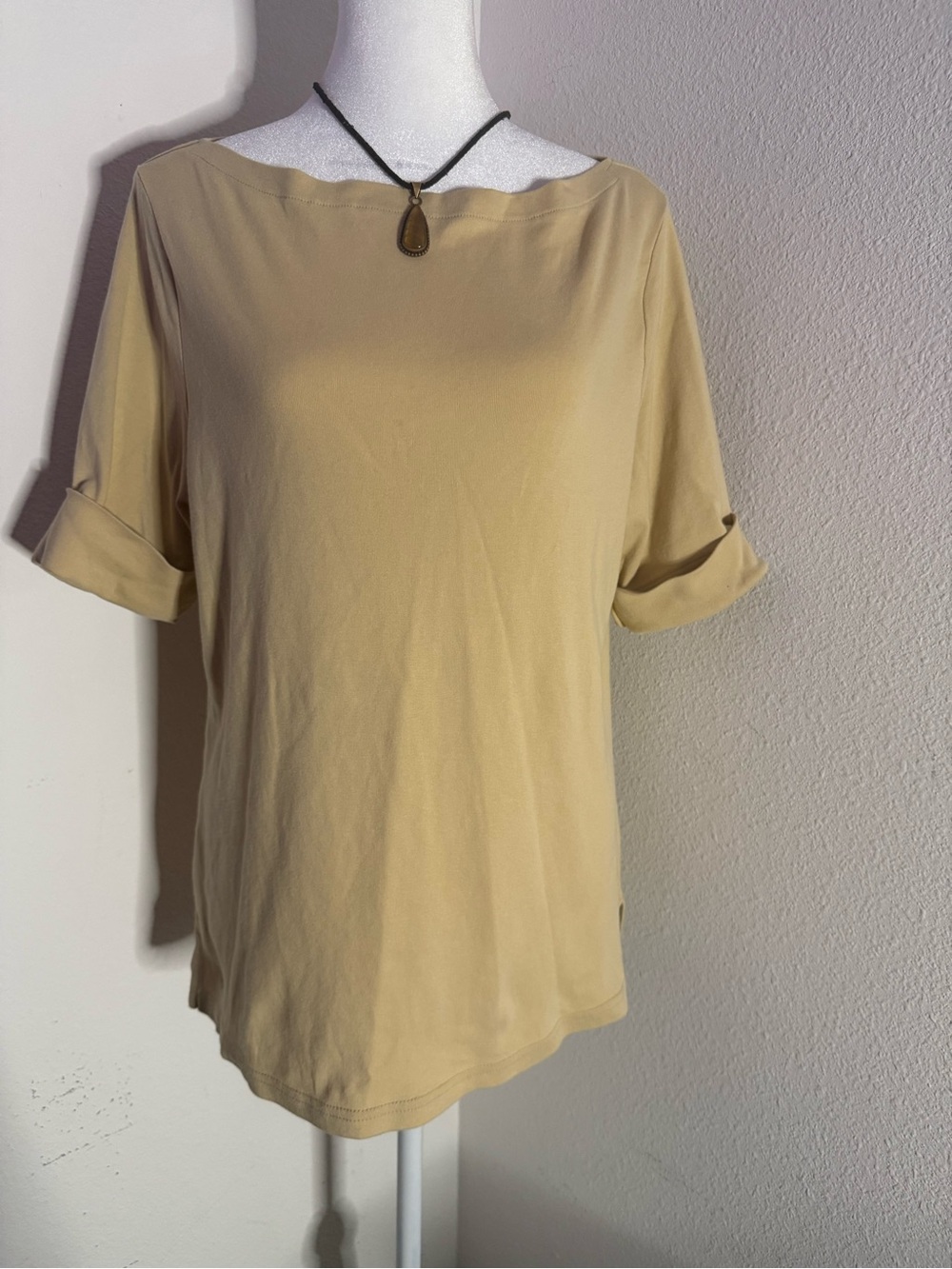Lauren Ralph Lauren Tan Boatneck Elbow Sleeve Stretch Cuffed Top XL